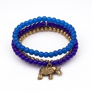 Blue and Gold  Beaded Bracelet Set with Elephant Charm
